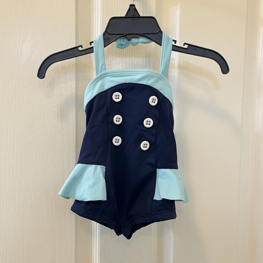 Janie and Jack Navy Double Button Halter Swimsuit Retro Girls Size 3-6 Months